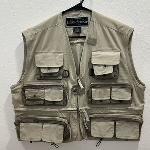 Field & Stream Khaki Beige Fishing Outdoor Vest Large multi pocket zipper d-ring